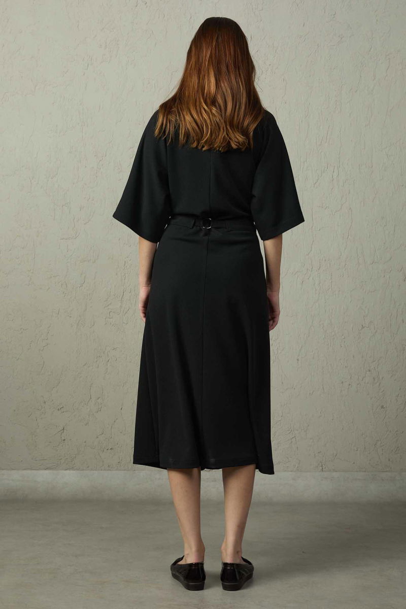 Mezzura Kadın Belden Bağlamalı ve Büzgülü Önden Fermuarlı Midi Elbise 1512 Siyah - 3