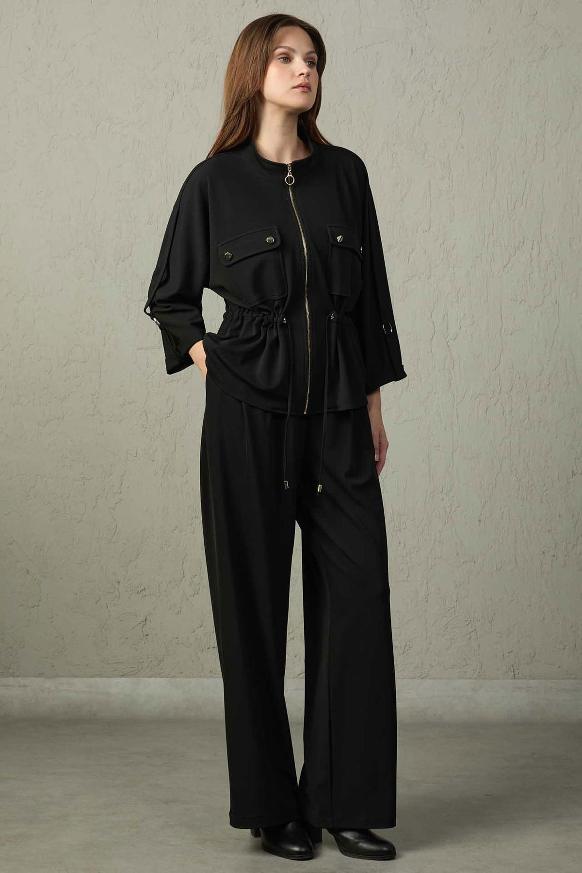 Mezzura Kadın Beli Yarım Lastikli Bol Paça Pantolon 1516 Siyah - 1