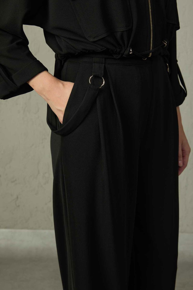 Mezzura Kadın Beli Yarım Lastikli Bol Paça Pantolon 1516 Siyah - 2