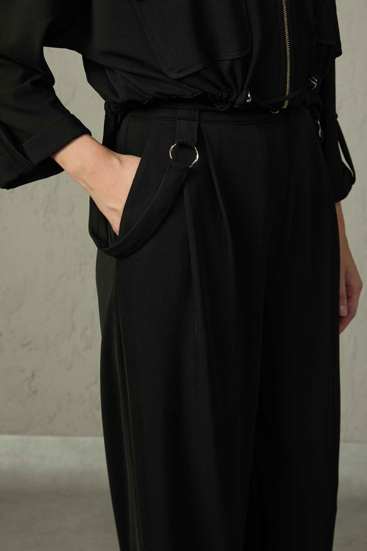 Mezzura Kadın Beli Yarım Lastikli Bol Paça Pantolon 1516 Siyah - 2