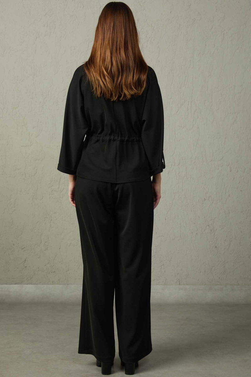 Mezzura Kadın Beli Yarım Lastikli Bol Paça Pantolon 1516 Siyah - 3