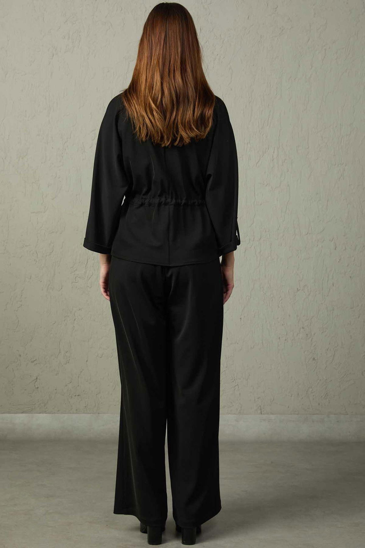 Mezzura Kadın Beli Yarım Lastikli Bol Paça Pantolon 1516 Siyah - 3