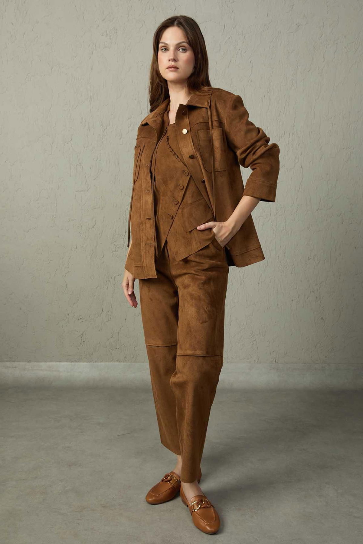 Mezzura Kadın Boru Paça Süet Pantolon 1506 Kahverengi - 1