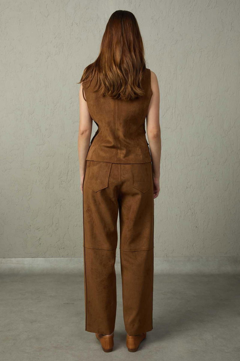 Mezzura Kadın Boru Paça Süet Pantolon 1506 Kahverengi - 2