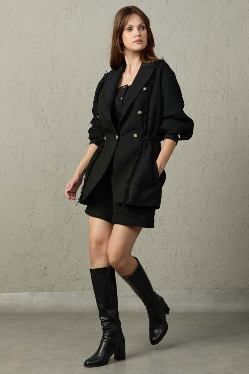 Mezzura Kadın Çift Kumaş Detaylı Kruvaze Yaka Ceket 1590 Siyah - Mezzura