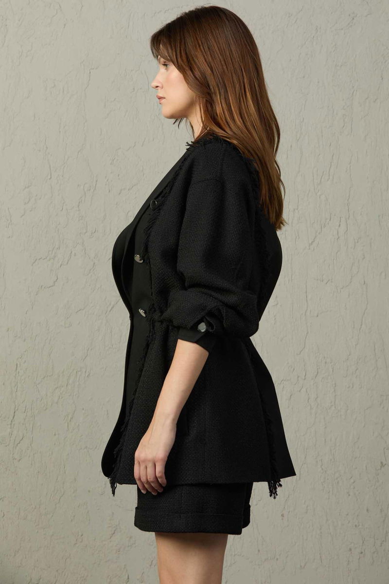 Mezzura Kadın Çift Kumaş Detaylı Kruvaze Yaka Ceket 1590 Siyah - 3