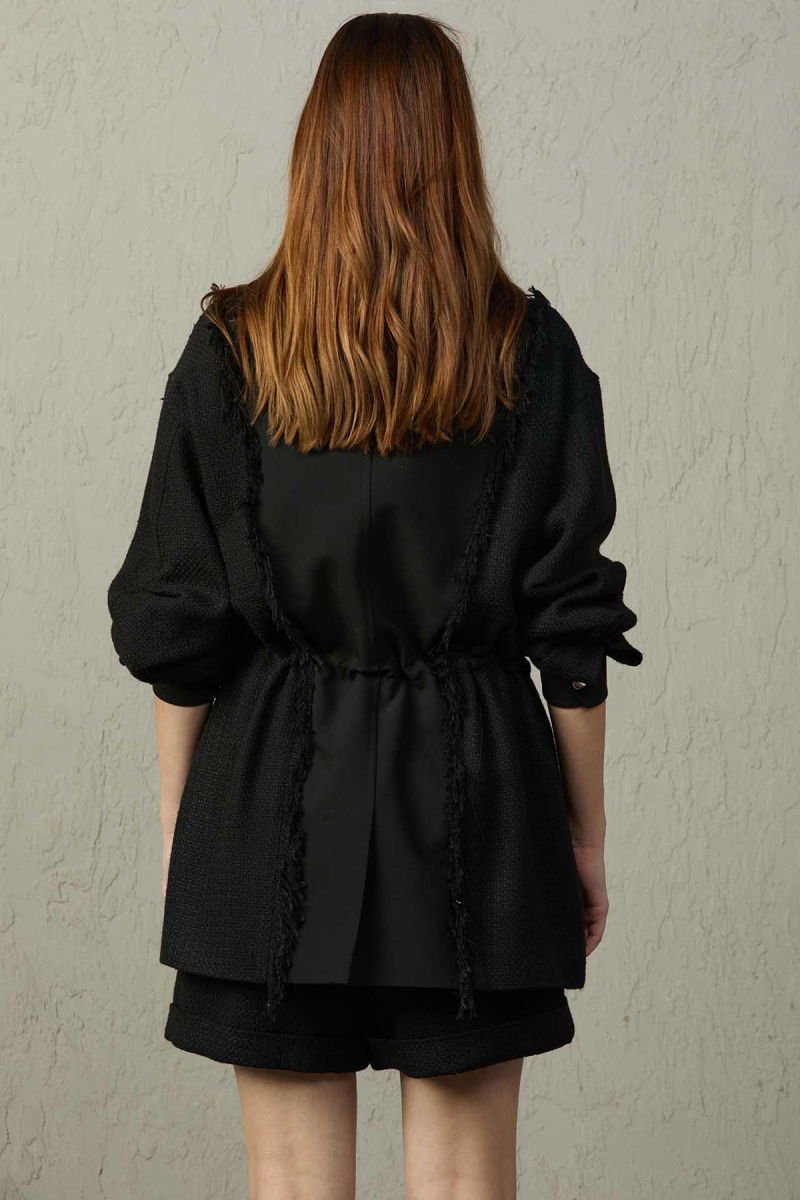 Mezzura Kadın Çift Kumaş Detaylı Kruvaze Yaka Ceket 1590 Siyah - 4