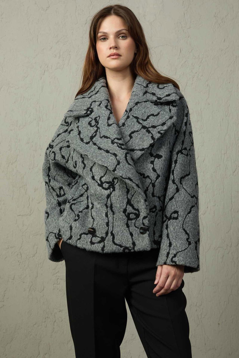 Mezzura Kadın Geniş Kruvaze Yakalı Çıt Çıt Kapamalı Kaban 1615 Gri - Mezzura