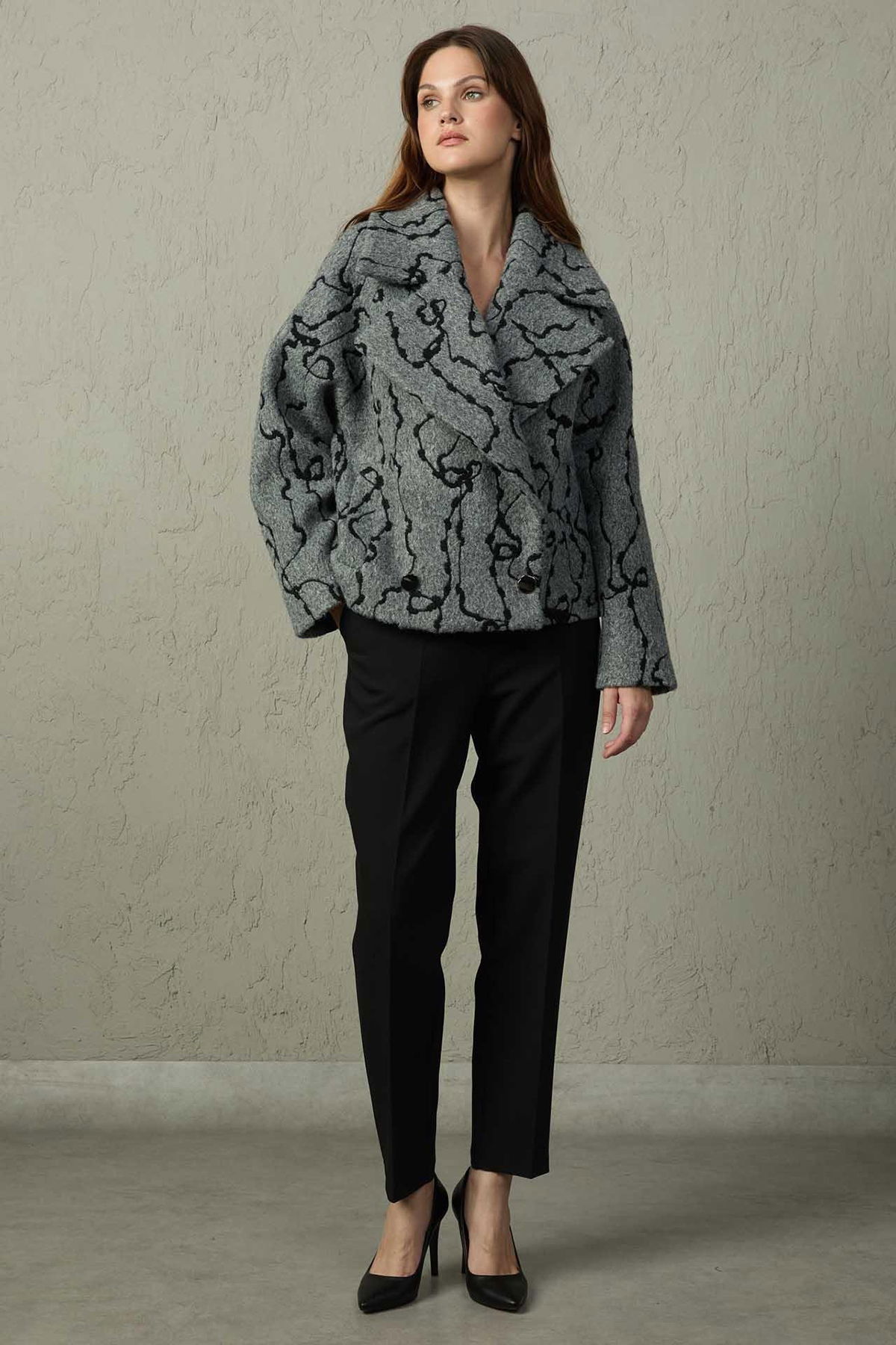 Mezzura Kadın Geniş Kruvaze Yakalı Çıt Çıt Kapamalı Kaban 1615 Gri - 2