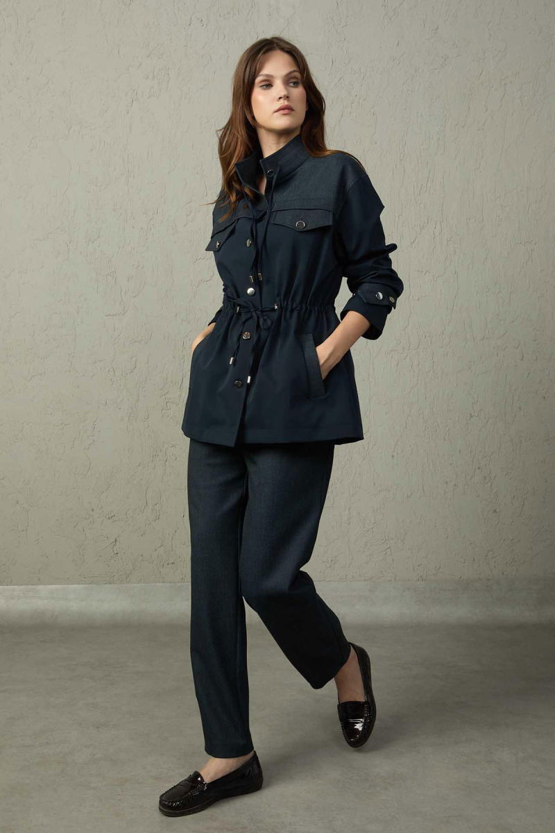 Mezzura Kadın Hakim Yaka Belden Bağlamalı Trençkot 1500 Lacivert - Mezzura