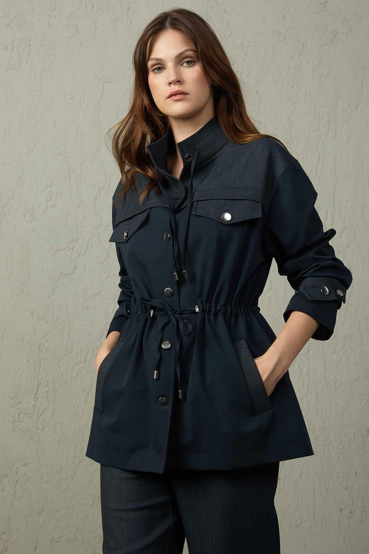 Mezzura Kadın Hakim Yaka Belden Bağlamalı Trençkot 1500 Lacivert - 2