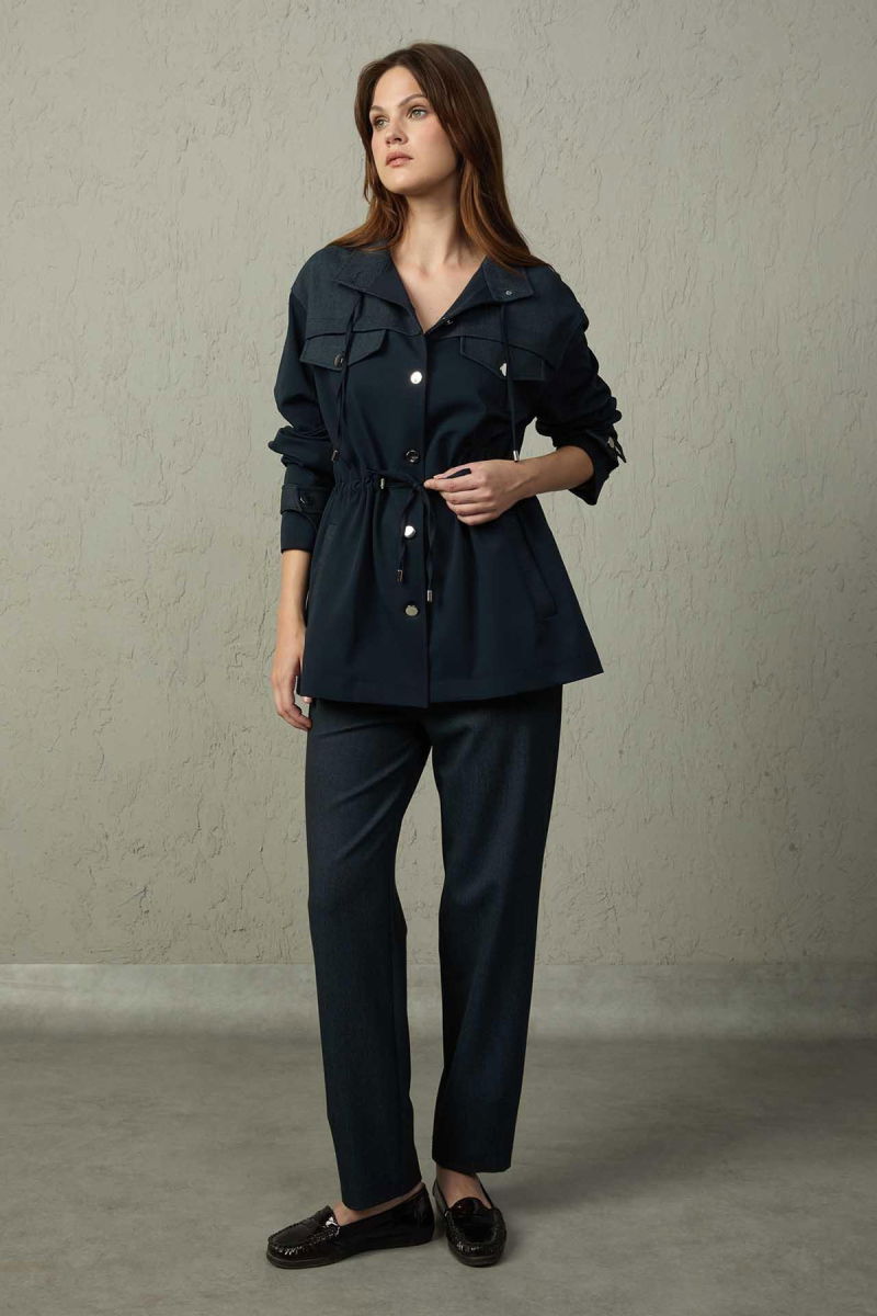 Mezzura Kadın Hakim Yaka Belden Bağlamalı Trençkot 1500 Lacivert - 3