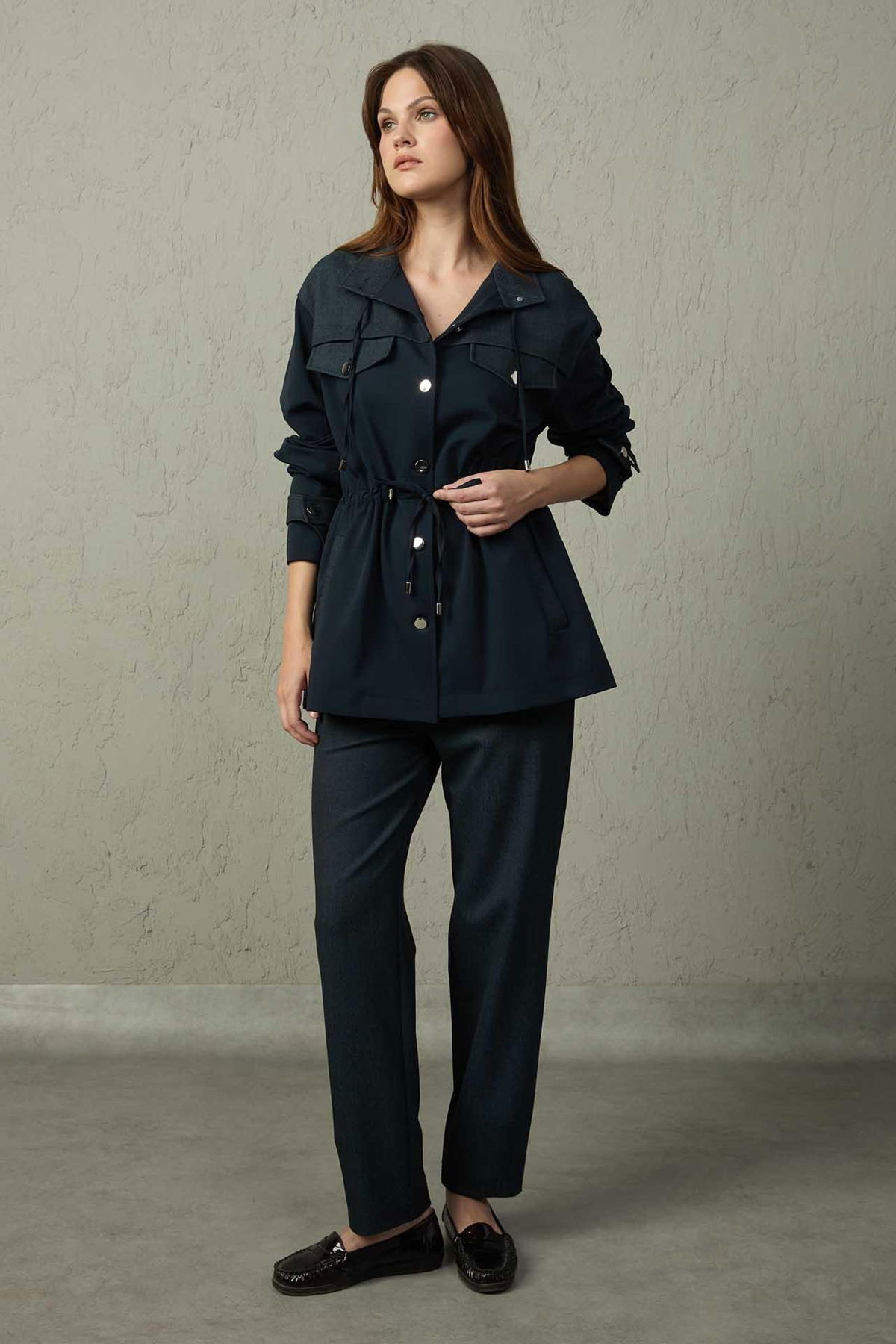 Mezzura Kadın Hakim Yaka Belden Bağlamalı Trençkot 1500 Lacivert - 3