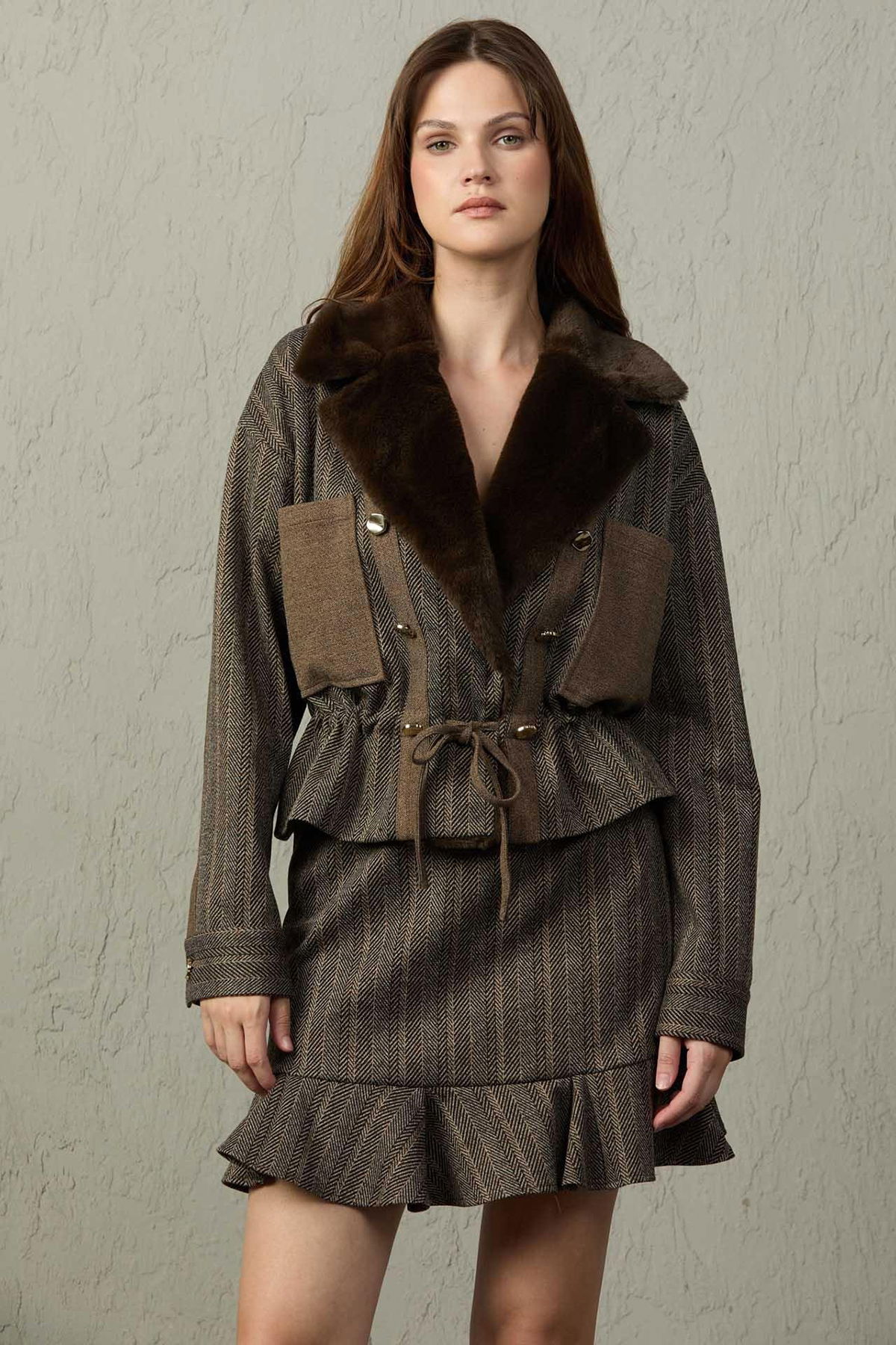 Mezzura Kadın Kürk Yakalı Torba Cepli Ceket 1653 Kahverengi - 2