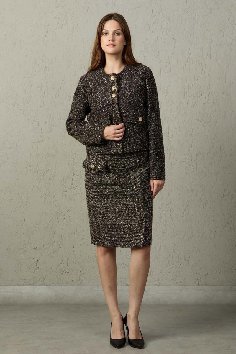 Mezzura Kadın Tüvit Kumaş Pul Detaylı Ceket 1572 Kahverengi - Mezzura