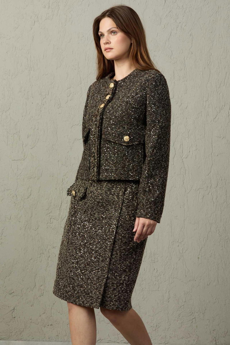 Mezzura Kadın Tüvit Kumaş Pul Detaylı Ceket 1572 Kahverengi - 2