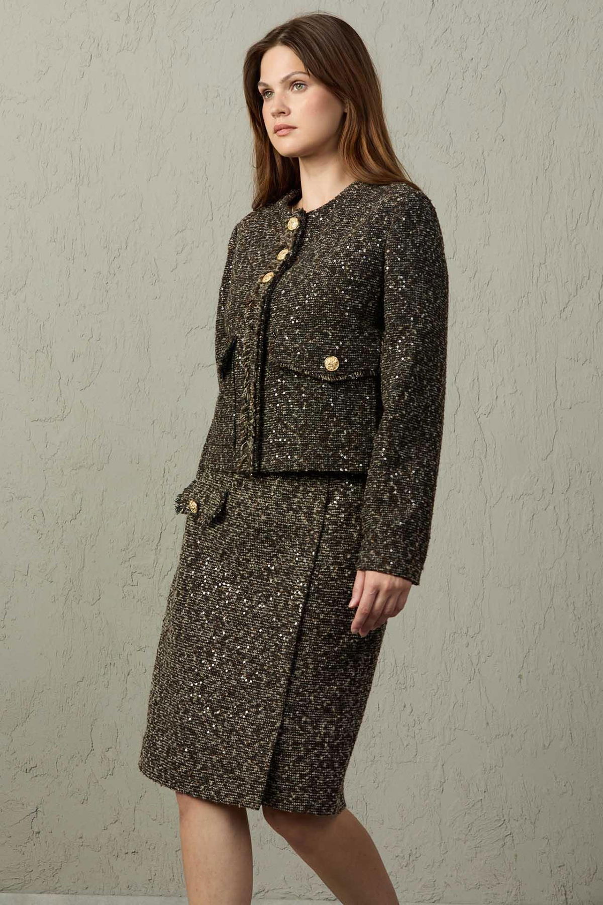 Mezzura Kadın Tüvit Kumaş Pul Detaylı Ceket 1572 Kahverengi - 2