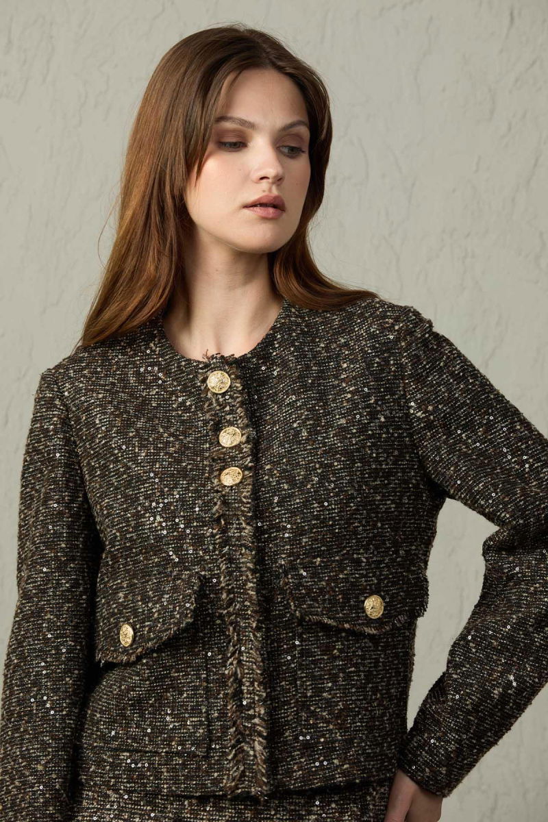 Mezzura Kadın Tüvit Kumaş Pul Detaylı Ceket 1572 Kahverengi - 3