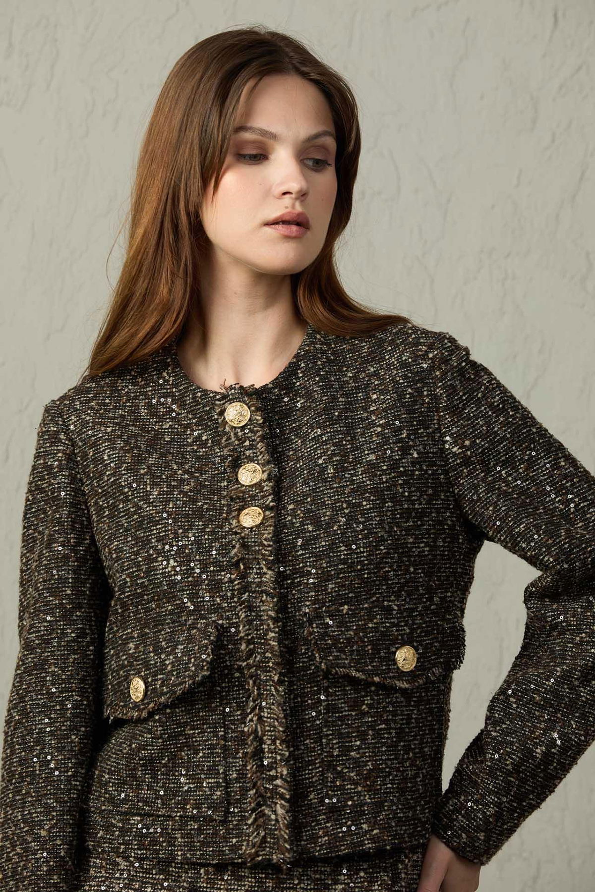 Mezzura Kadın Tüvit Kumaş Pul Detaylı Ceket 1572 Kahverengi - 3