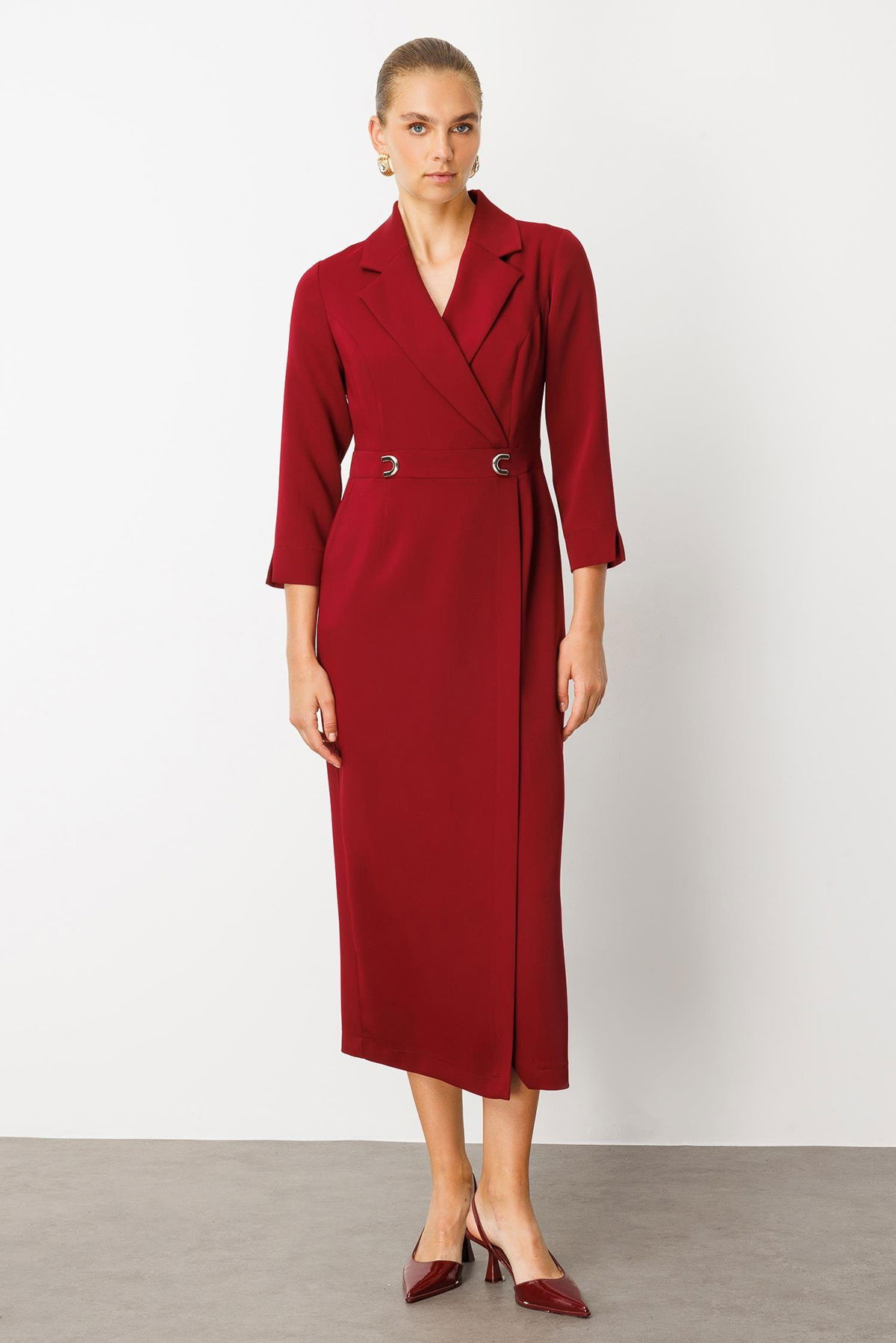 Moda İlgi Kadın Beli Aksesuarlı Cepli Kruvaze Elbise 6626 Bordo - 1