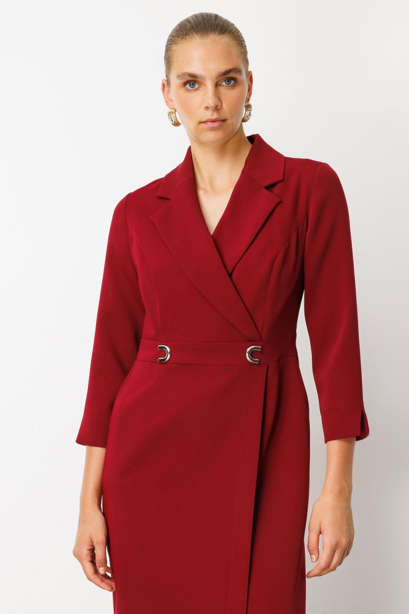 Moda İlgi Kadın Beli Aksesuarlı Cepli Kruvaze Elbise 6626 Bordo - 2