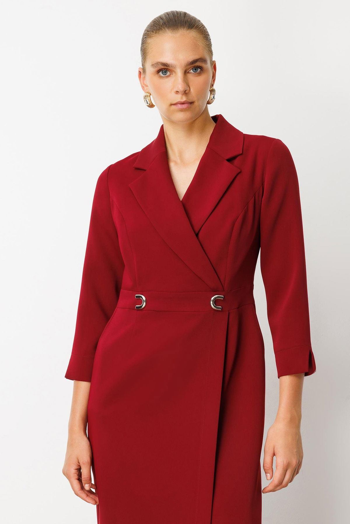 Moda İlgi Kadın Beli Aksesuarlı Cepli Kruvaze Elbise 6626 Bordo - 2