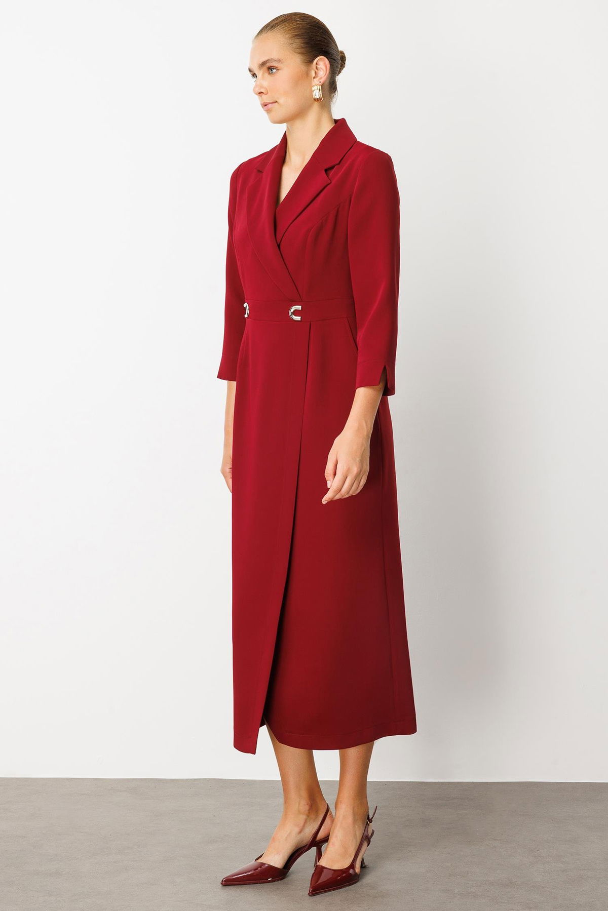 Moda İlgi Kadın Beli Aksesuarlı Cepli Kruvaze Elbise 6626 Bordo - 3