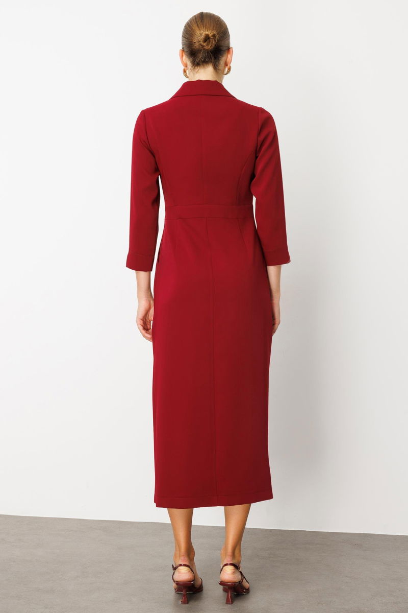 Moda İlgi Kadın Beli Aksesuarlı Cepli Kruvaze Elbise 6626 Bordo - 4