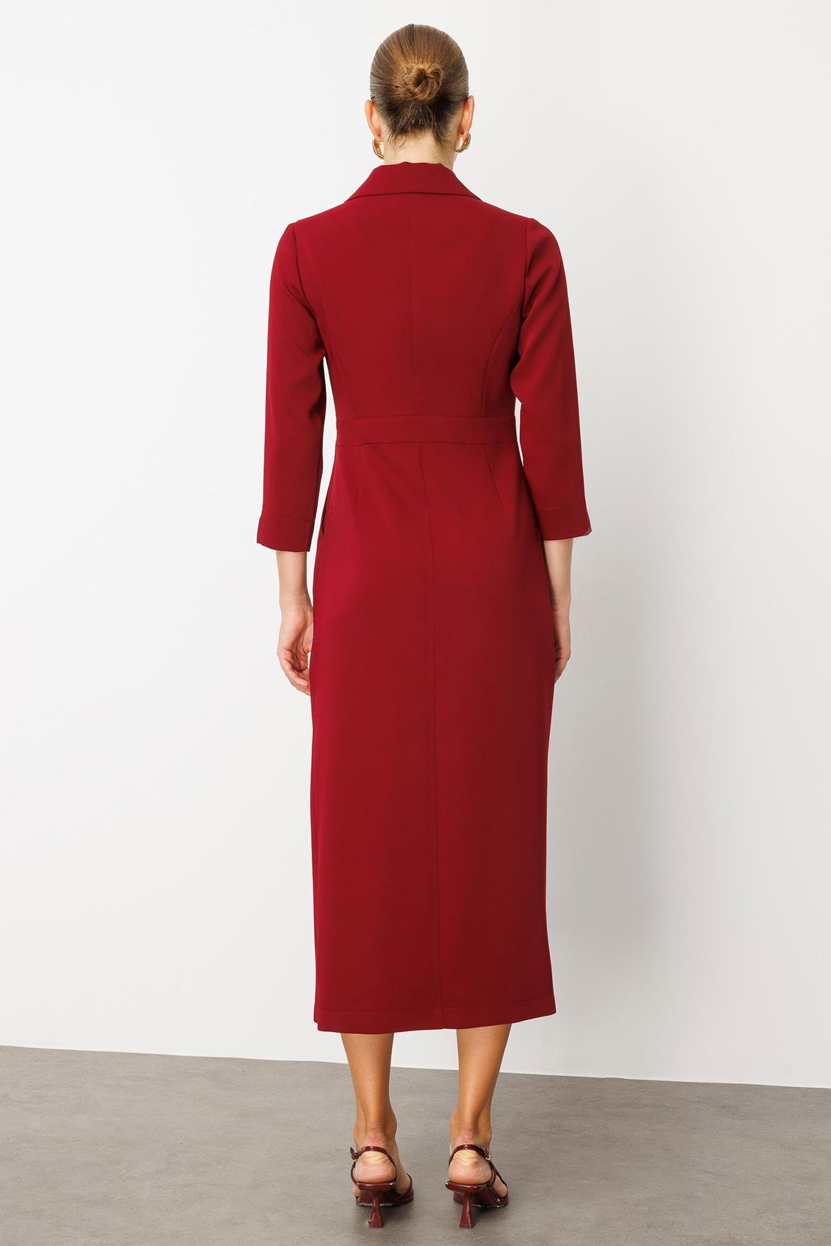 Moda İlgi Kadın Beli Aksesuarlı Cepli Kruvaze Elbise 6626 Bordo - 4