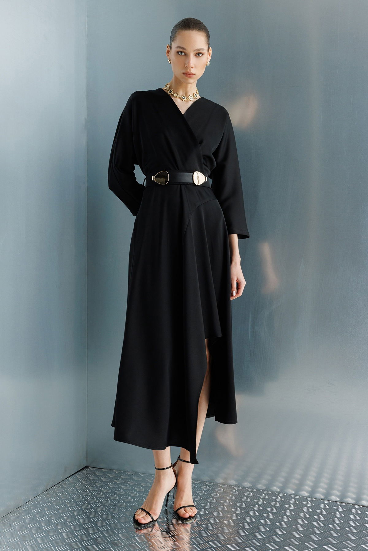 Moda İlgi Kadın Beli Kemerli Kruvaze Yaka Eteği Asimetrik Elbise 0024 Siyah - 1