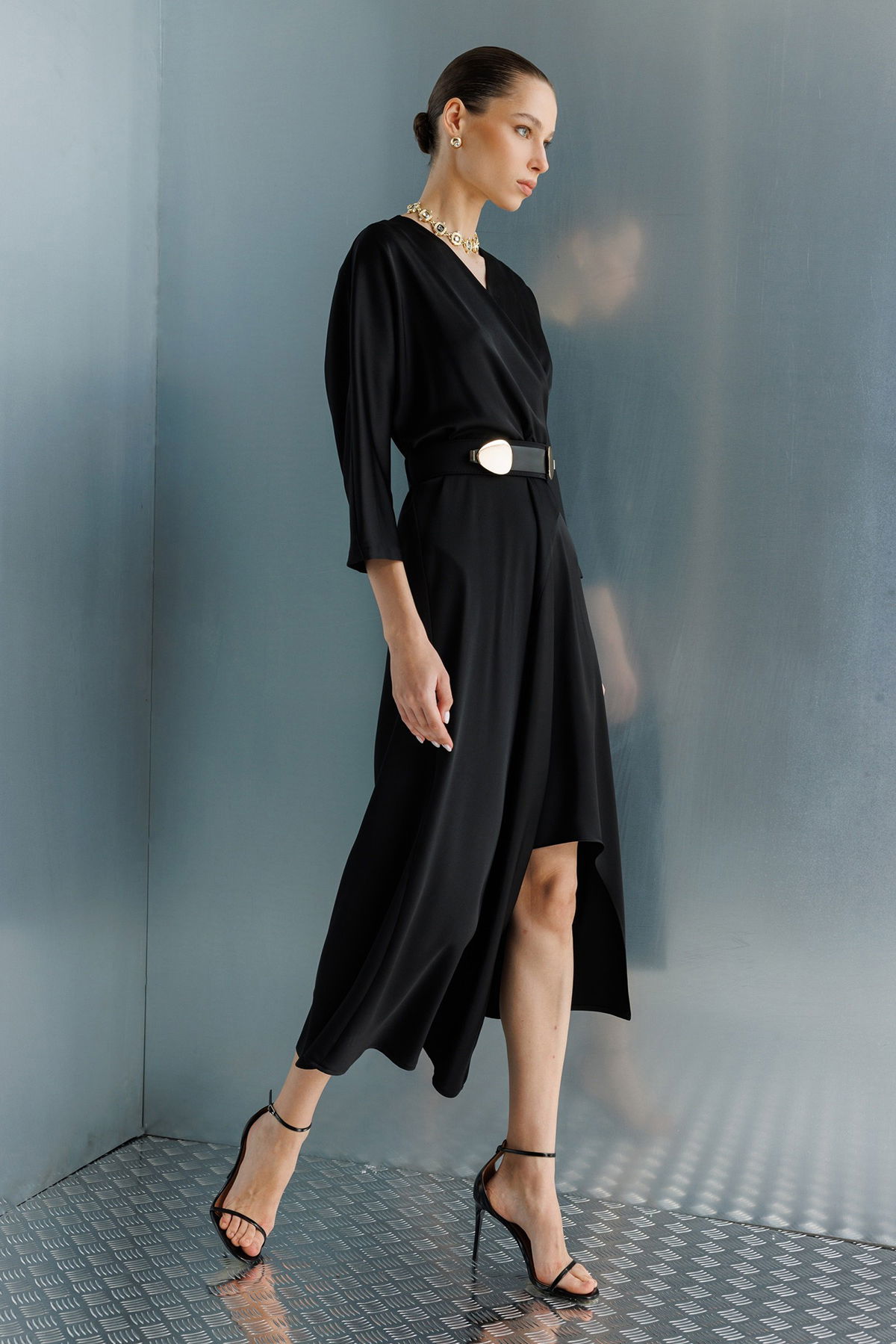 Moda İlgi Kadın Beli Kemerli Kruvaze Yaka Eteği Asimetrik Elbise 0024 Siyah - 2