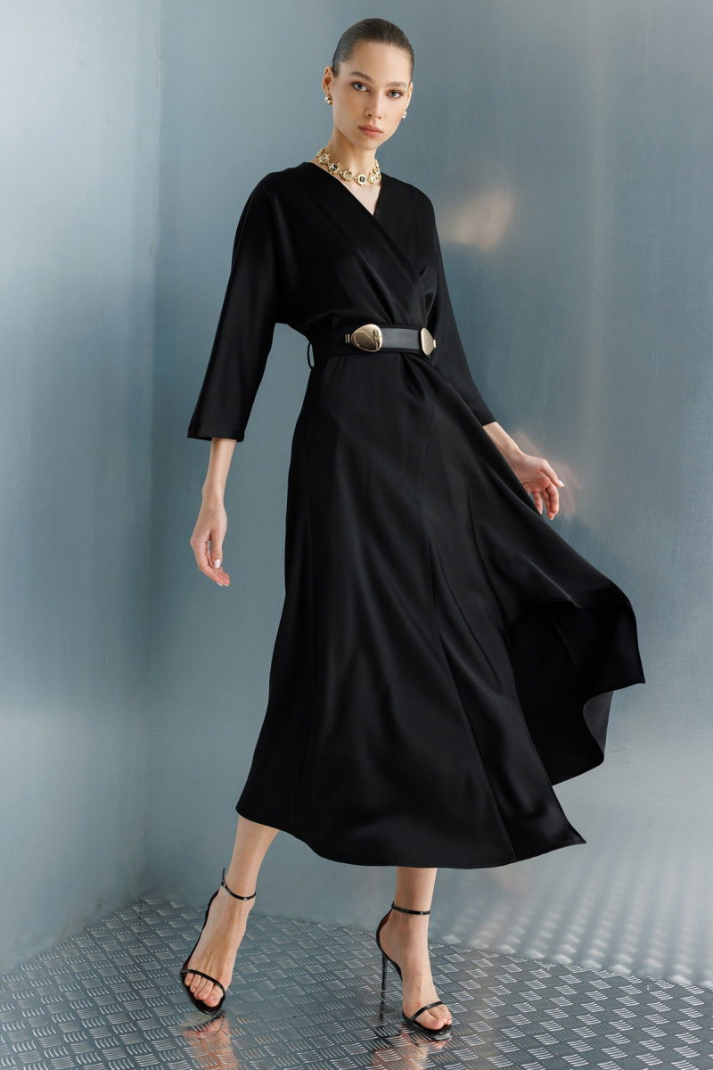 Moda İlgi Kadın Beli Kemerli Kruvaze Yaka Eteği Asimetrik Elbise 0024 Siyah - 3
