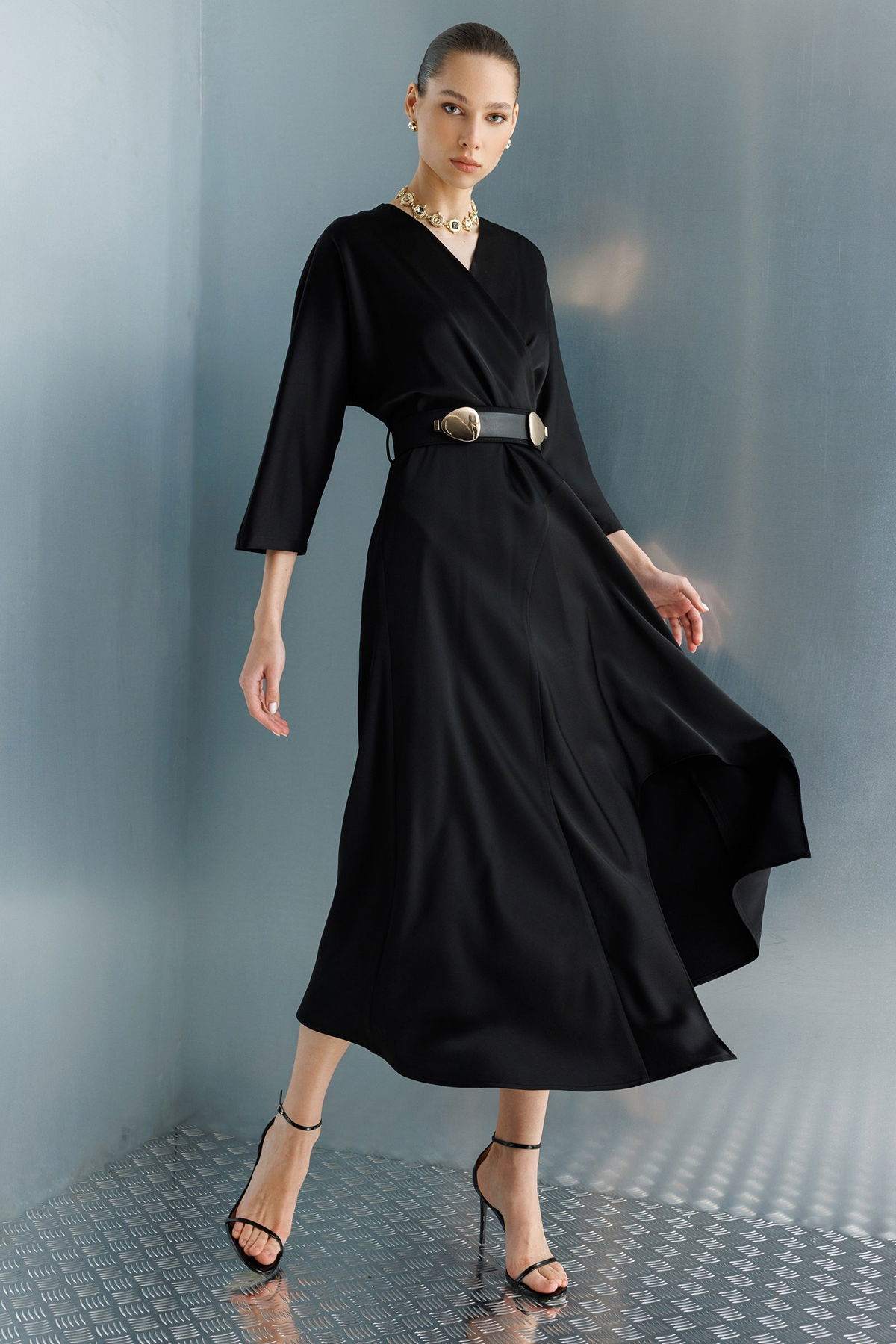 Moda İlgi Kadın Beli Kemerli Kruvaze Yaka Eteği Asimetrik Elbise 0024 Siyah - 3