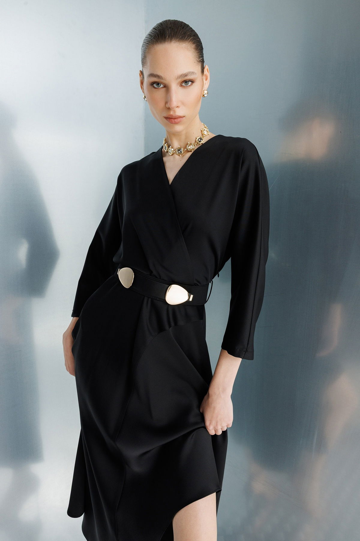 Moda İlgi Kadın Beli Kemerli Kruvaze Yaka Eteği Asimetrik Elbise 0024 Siyah - 4