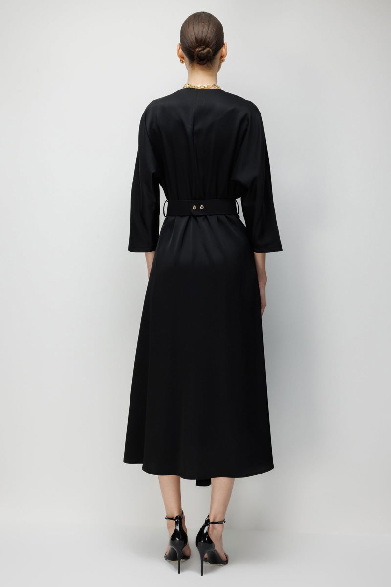 Moda İlgi Kadın Beli Kemerli Kruvaze Yaka Eteği Asimetrik Elbise 0024 Siyah - 5