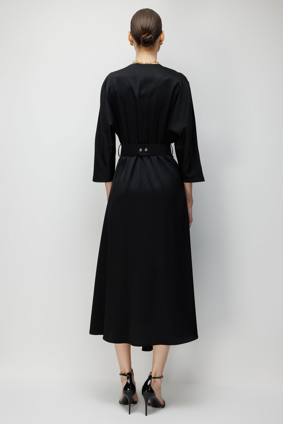 Moda İlgi Kadın Beli Kemerli Kruvaze Yaka Eteği Asimetrik Elbise 0024 Siyah - 5