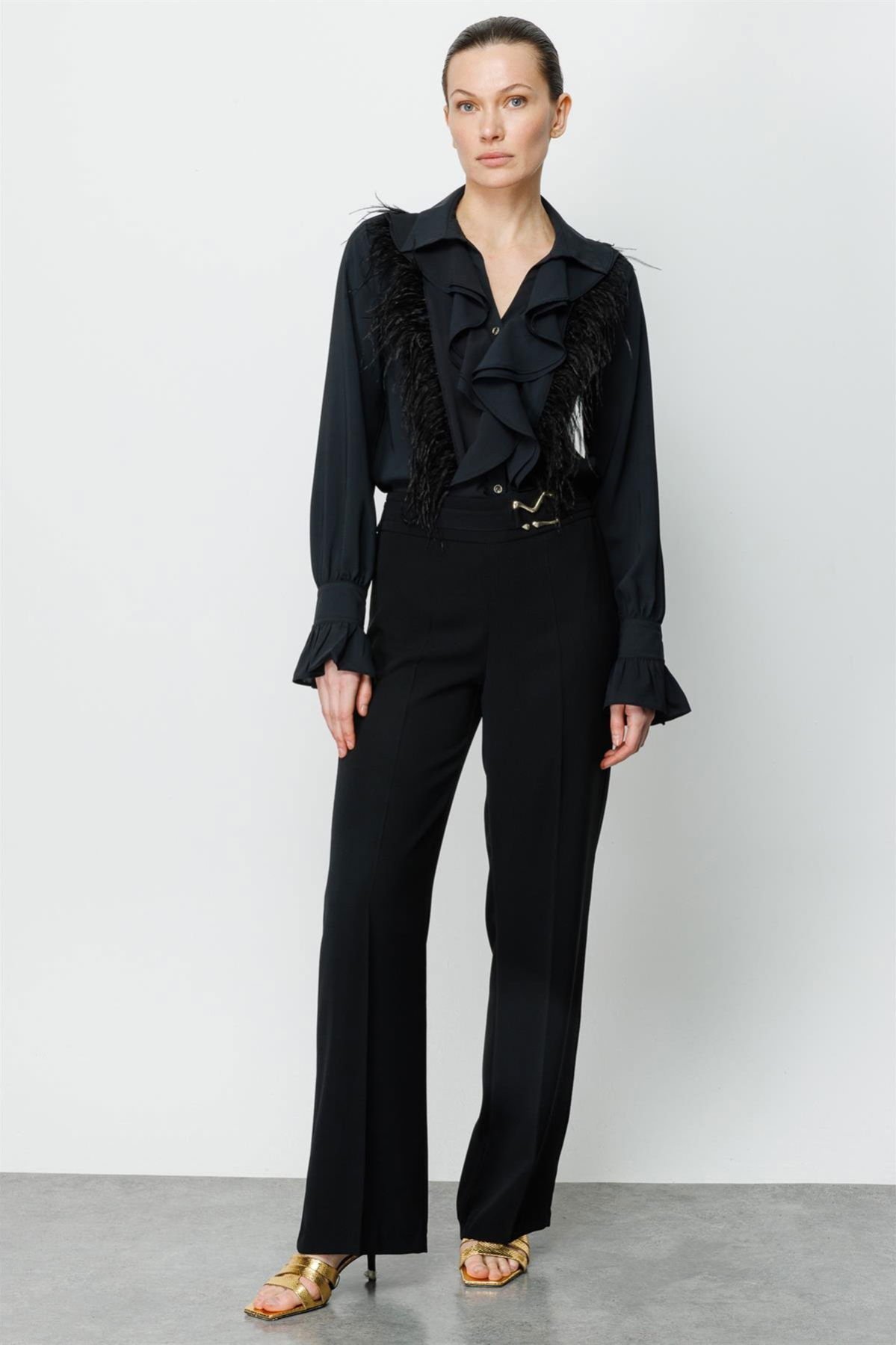 Moda İlgi Kadın Beli Metal Toka Detaylı Pantolon 4043 Siyah - 1