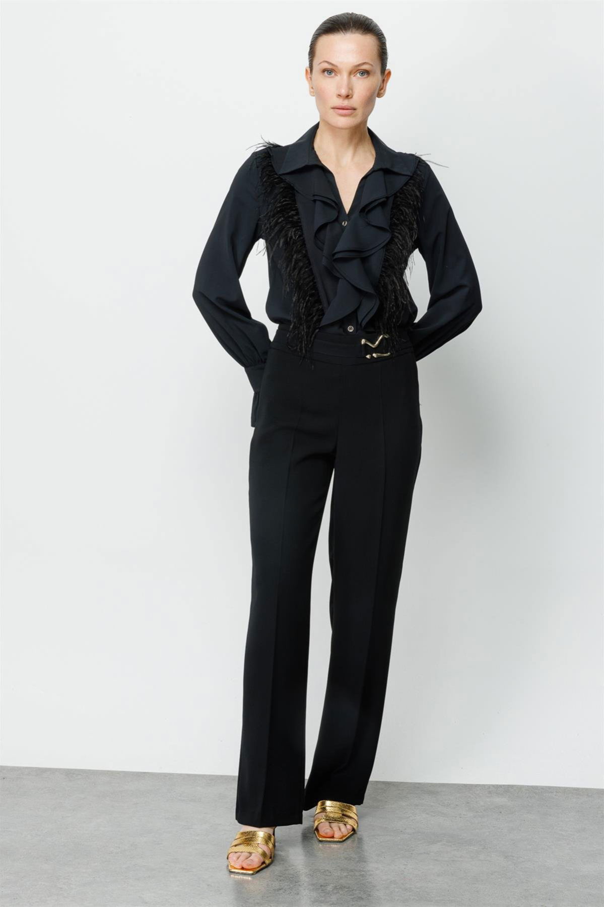 Moda İlgi Kadın Beli Metal Toka Detaylı Pantolon 4043 Siyah - 2