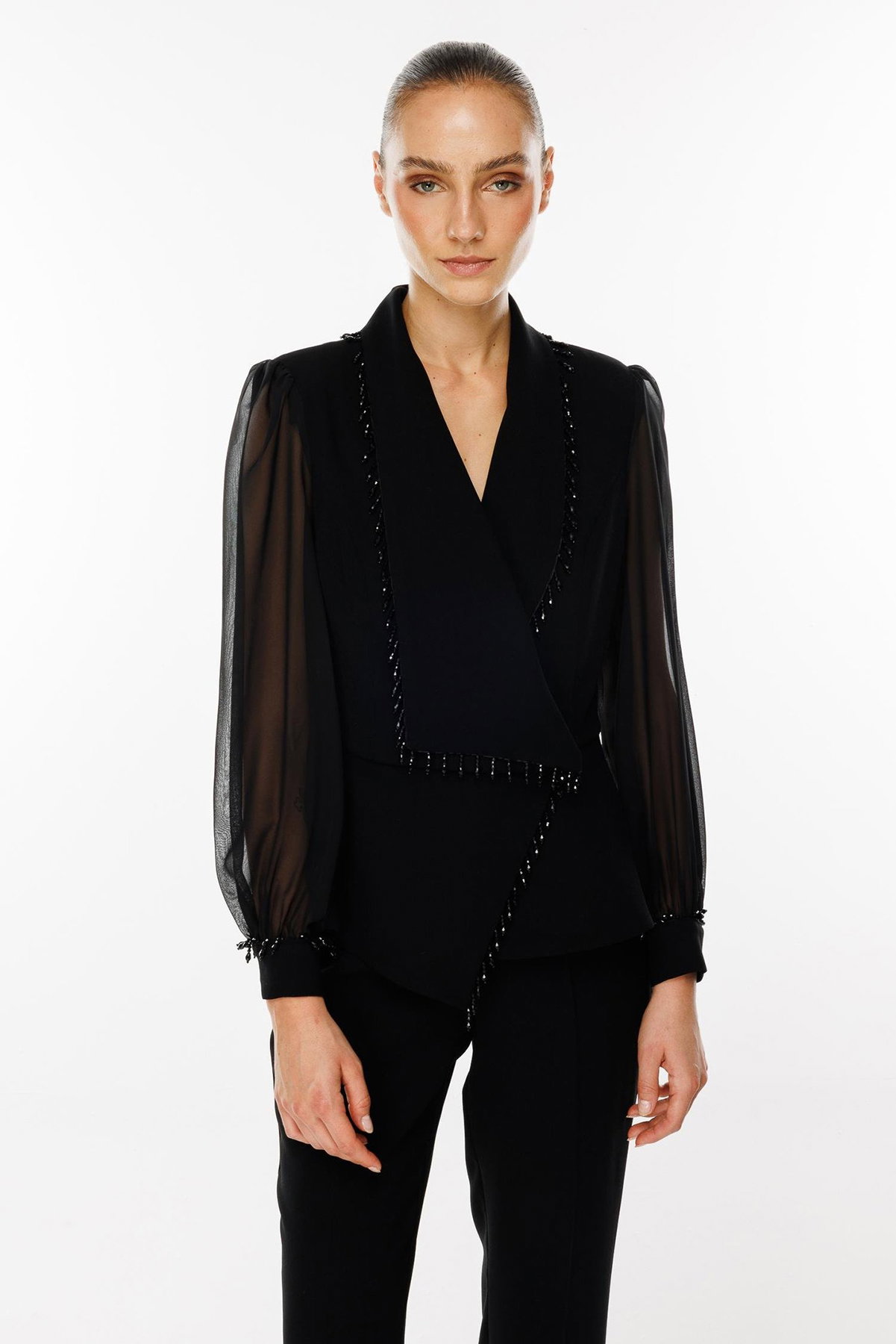Moda İlgi Kadın Boncuk Detaylı Kısa Ceket T07527 Siyah - 1