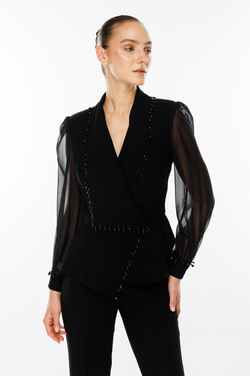 Moda İlgi Kadın Boncuk Detaylı Kısa Ceket T07527 Siyah - 2