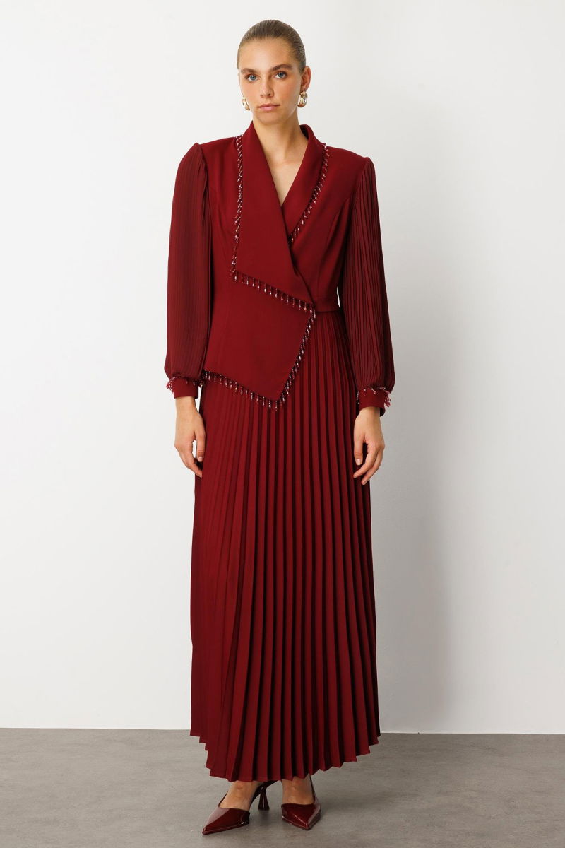 Moda İlgi Kadın Boncuk Detaylı Piliseli Uzun Elbise 6073 Bordo - Moda İlgi