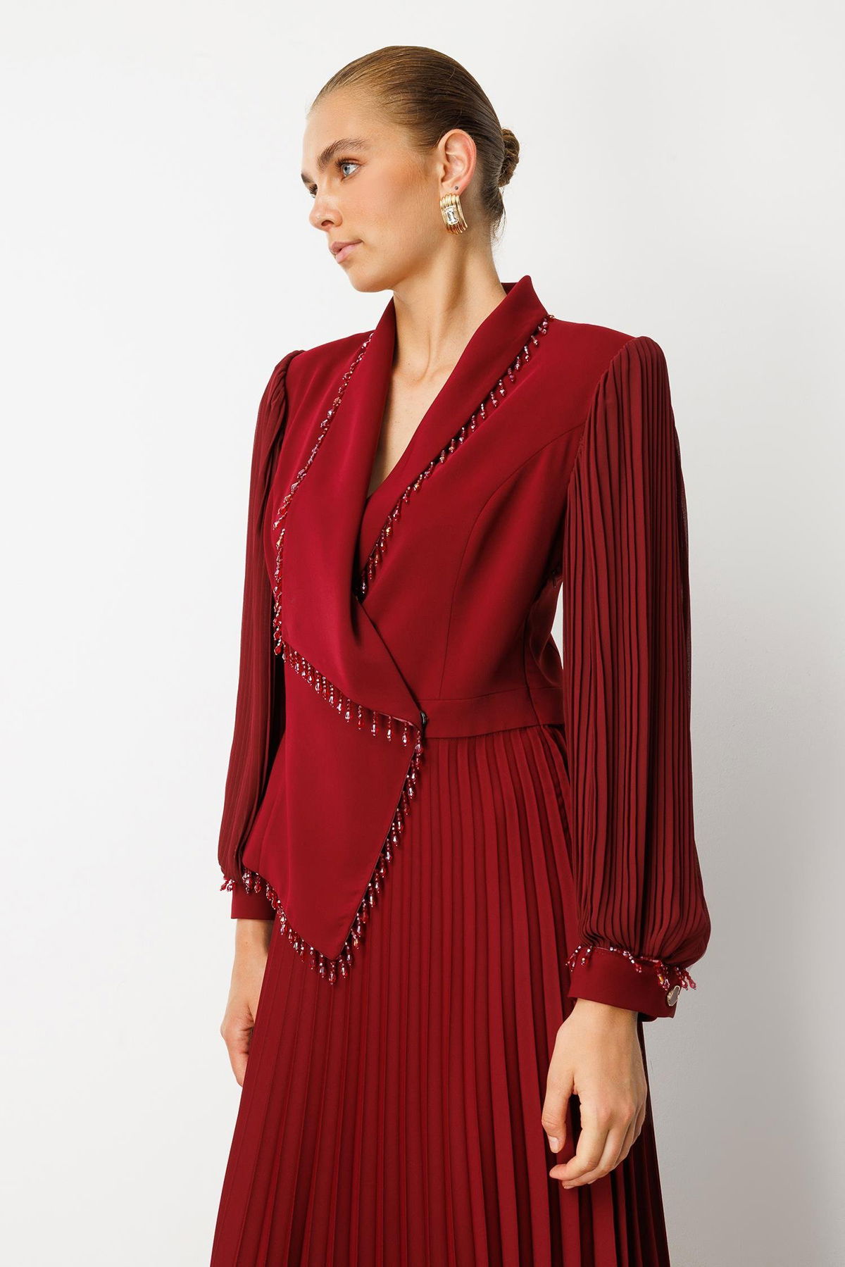 Moda İlgi Kadın Boncuk Detaylı Piliseli Uzun Elbise 6073 Bordo - 3