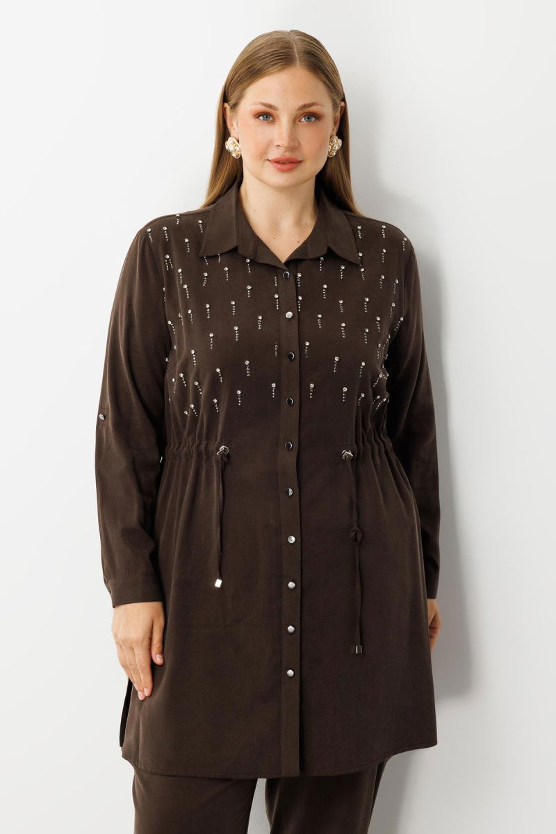 Moda İlgi Kadın Büyük Beden Beli Büzgülü Ön Bedeni İncili Taşlı Tunik 0300 Kahverengi - Moda İlgi