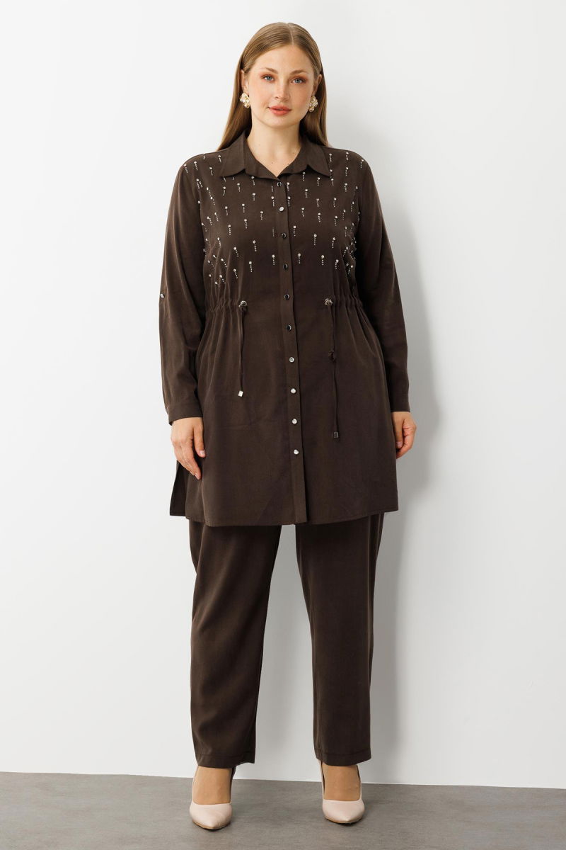 Moda İlgi Kadın Büyük Beden Beli Büzgülü Ön Bedeni İncili Taşlı Tunik 0300 Kahverengi - 3