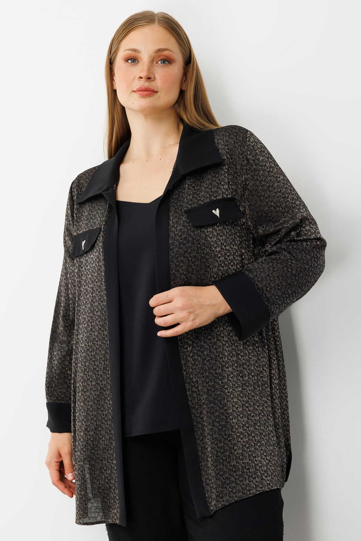 Moda İlgi Kadın Büyük Beden Cep Kapaklı Desenli İkili Takım 0303 Siyah - 1