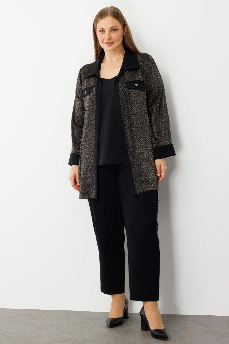 Moda İlgi Kadın Büyük Beden Cep Kapaklı Desenli İkili Takım 0303 Siyah - 2