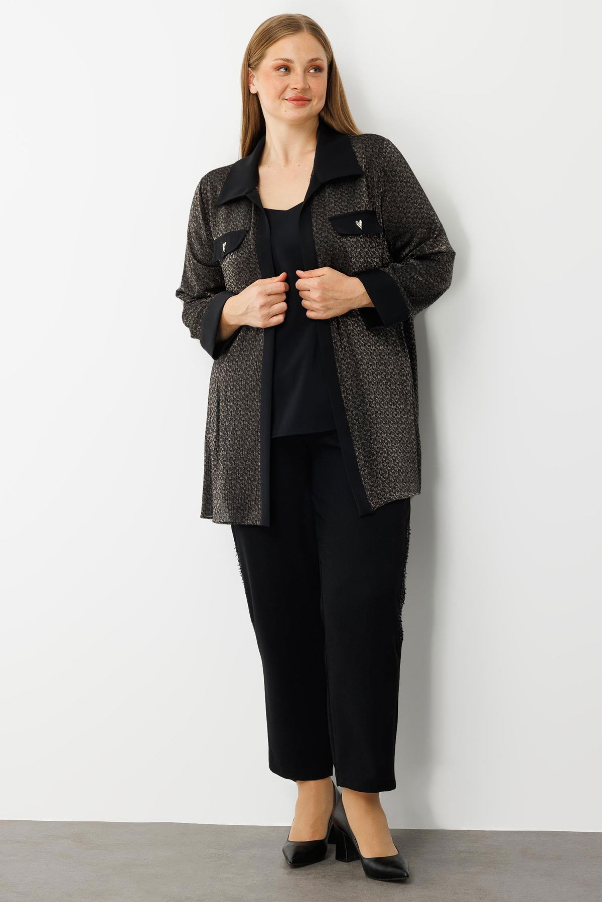 Moda İlgi Kadın Büyük Beden Cep Kapaklı Desenli İkili Takım 0303 Siyah - 3