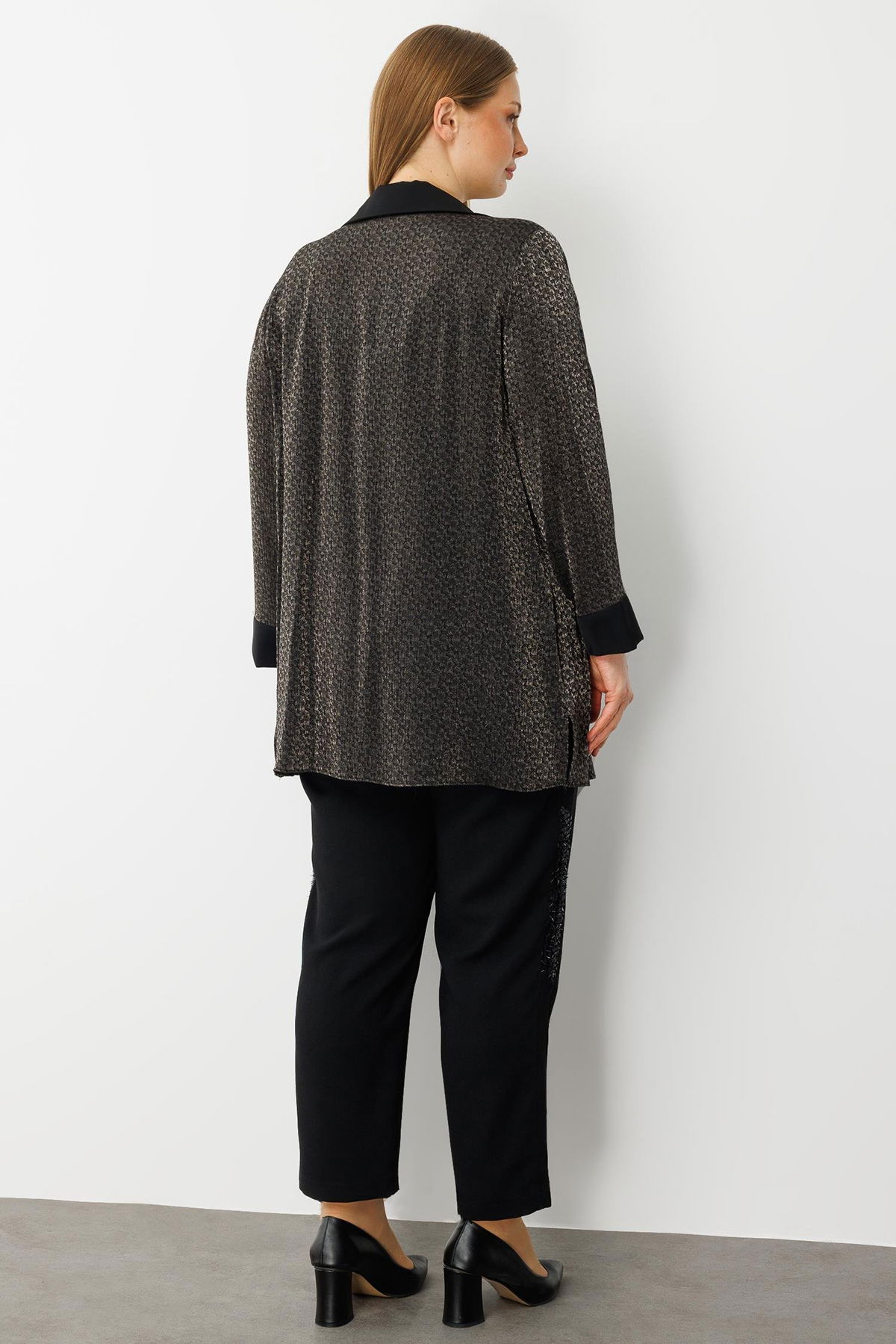 Moda İlgi Kadın Büyük Beden Cep Kapaklı Desenli İkili Takım 0303 Siyah - 4