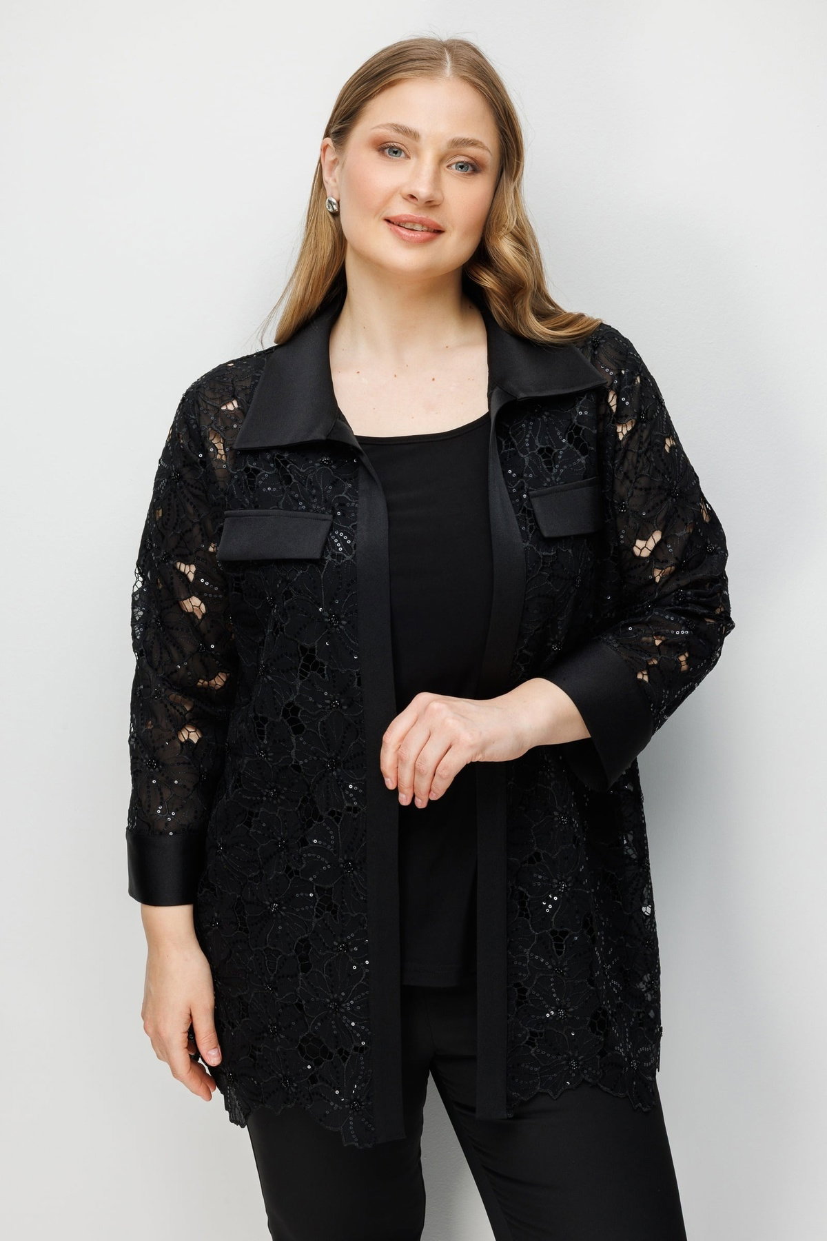 Moda İlgi Kadın Büyük Beden Cep Kapaklı Pullu Çiçek Güpürden İkili Takım Tunik 0378 Siyah - 1