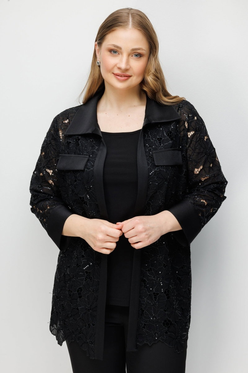 Moda İlgi Kadın Büyük Beden Cep Kapaklı Pullu Çiçek Güpürden İkili Takım Tunik 0378 Siyah - 2